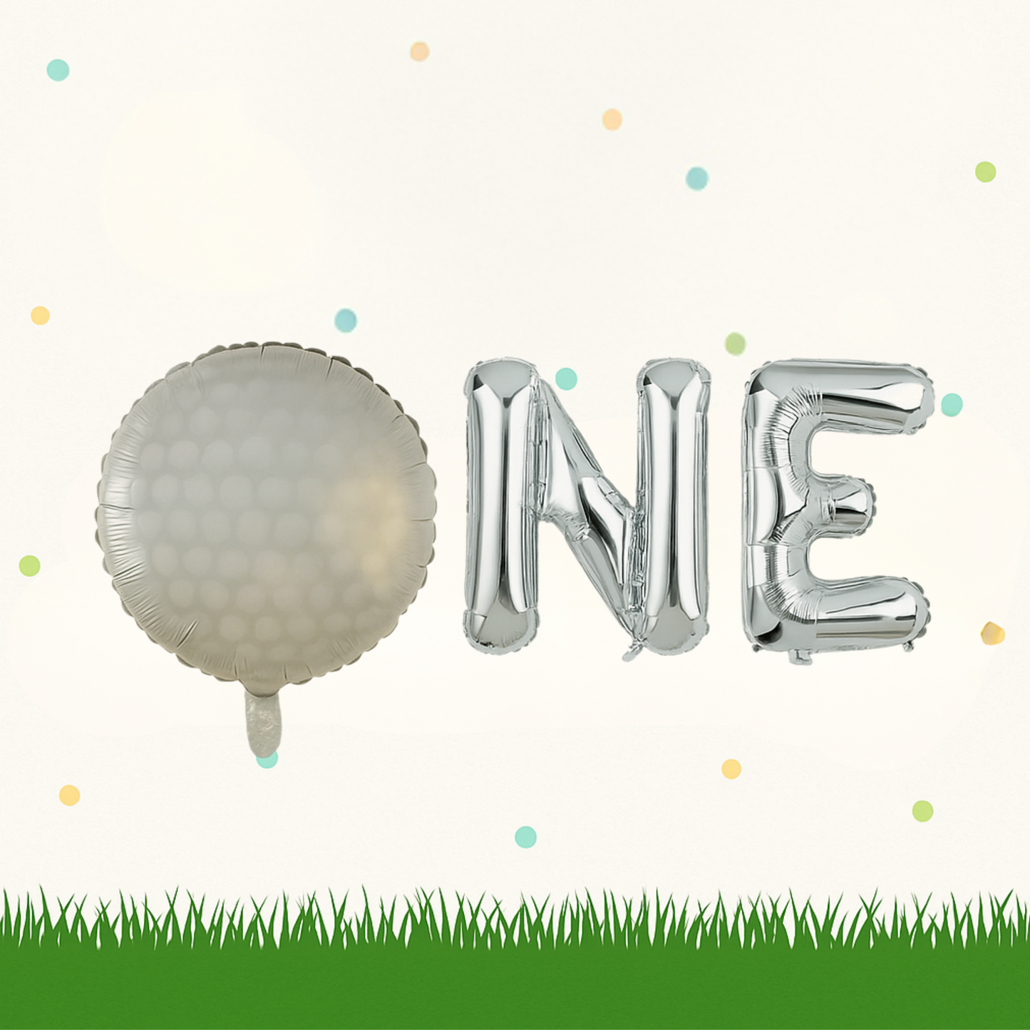 Golf 1st birthday balloons set with silver ONE letter balloons and golf ball balloon for golf themed party decoration.