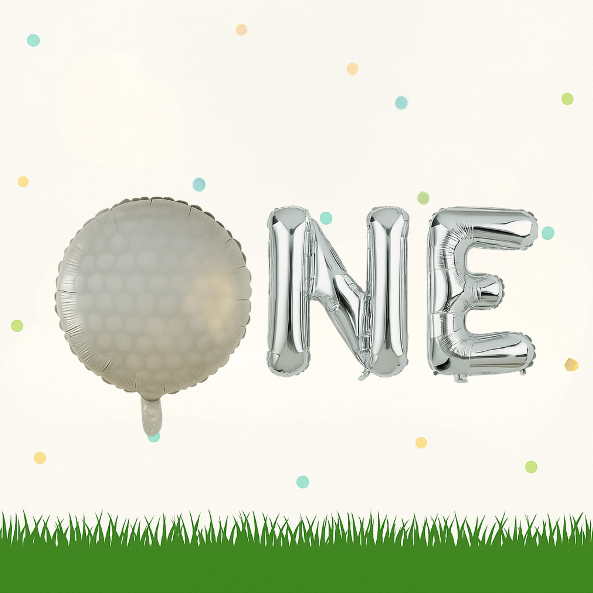 Golf 1st birthday balloons set with silver ONE letter balloons and golf ball balloon for golf themed party decoration.