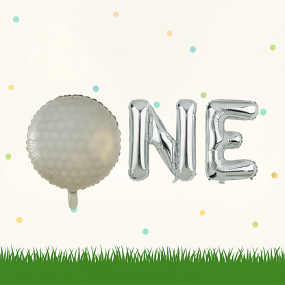 Golf 1st birthday balloons set with silver ONE letter balloons and golf ball balloon for golf themed party decoration.