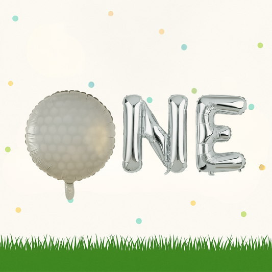Golf 1st birthday balloons set with silver ONE letter balloons and golf ball balloon for golf themed party decoration.