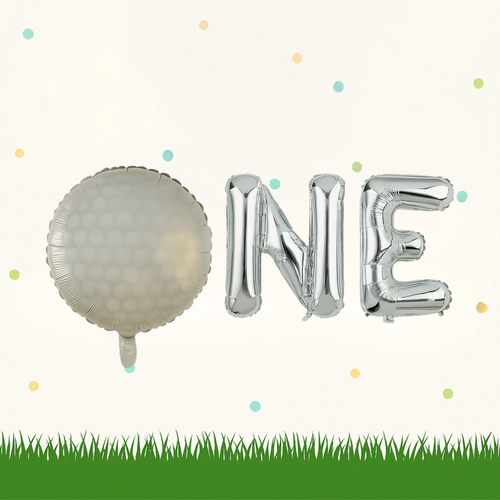 Golf 1st birthday balloons set with silver ONE letter balloons and golf ball balloon for golf themed party decoration.