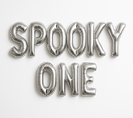 Spooky One balloon banner in silver foil letters for Halloween birthday
