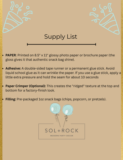 Supply list for creating snack bags with Sol + Rock Modern Party Decor branding on a brown background.