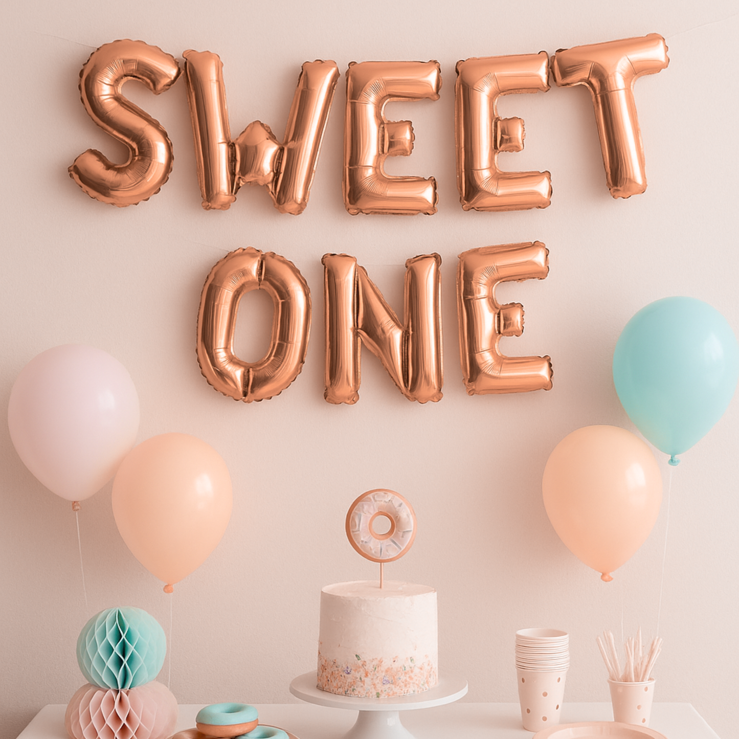 Rose gold 'SWEET ONE' balloons with a cake and pastel balloons on a light background