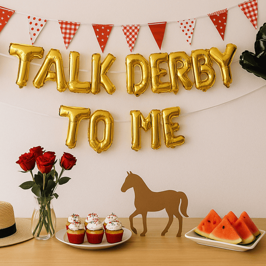 Talk Derby To Me gold foil balloon banner for Derby party backdrop