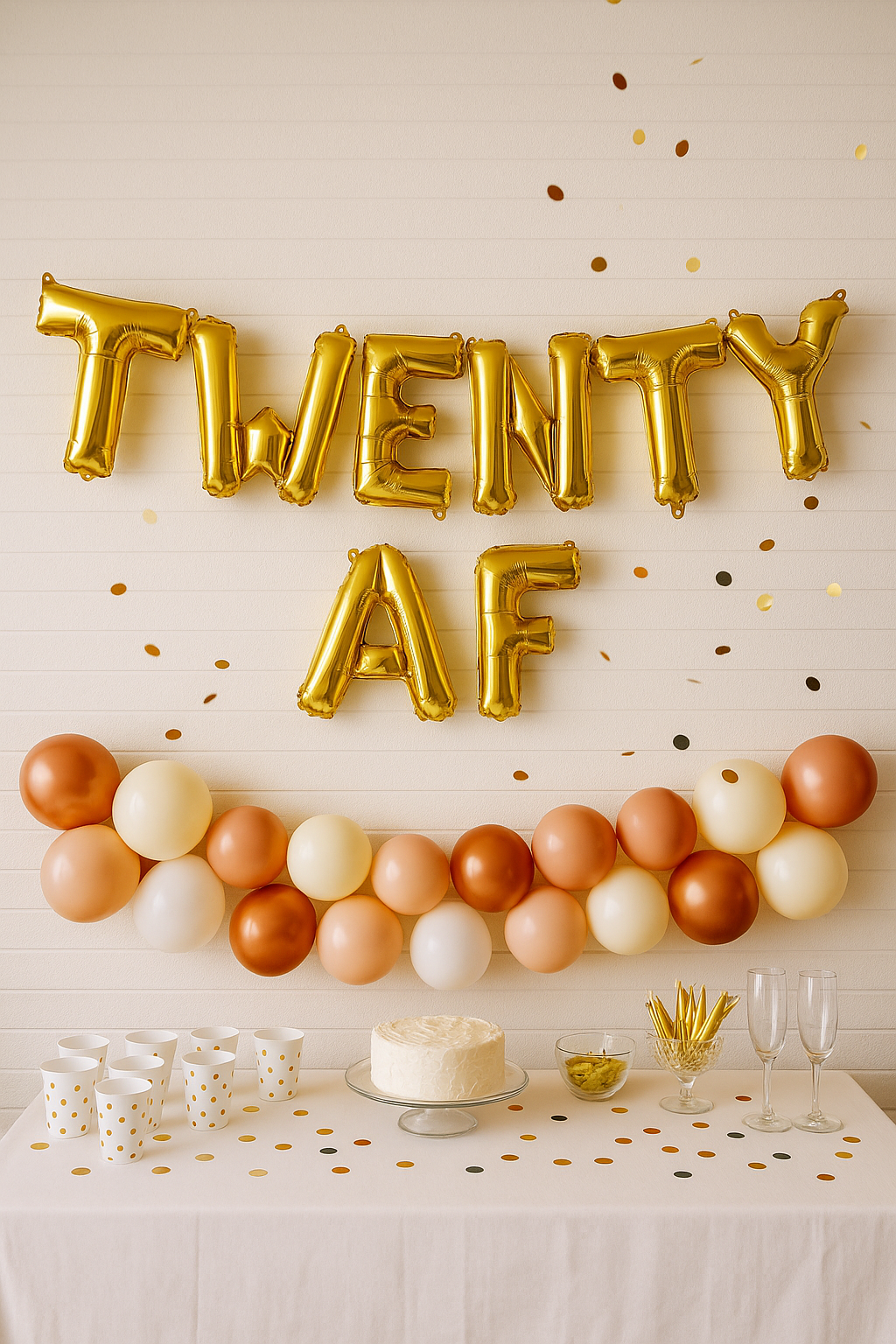 Gold foil 'Twenty AF' balloons hanging as party backdrop"