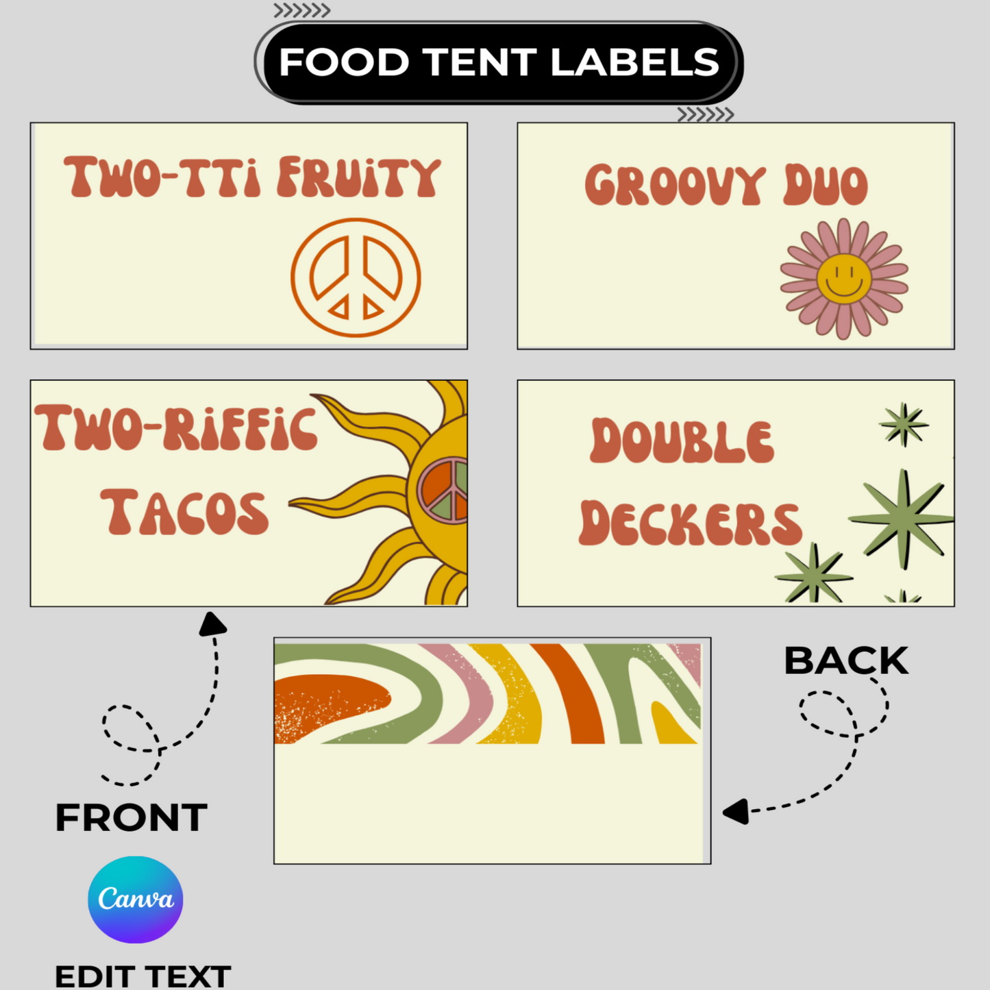 Set of food tent labels with retro designs and text on a gray background