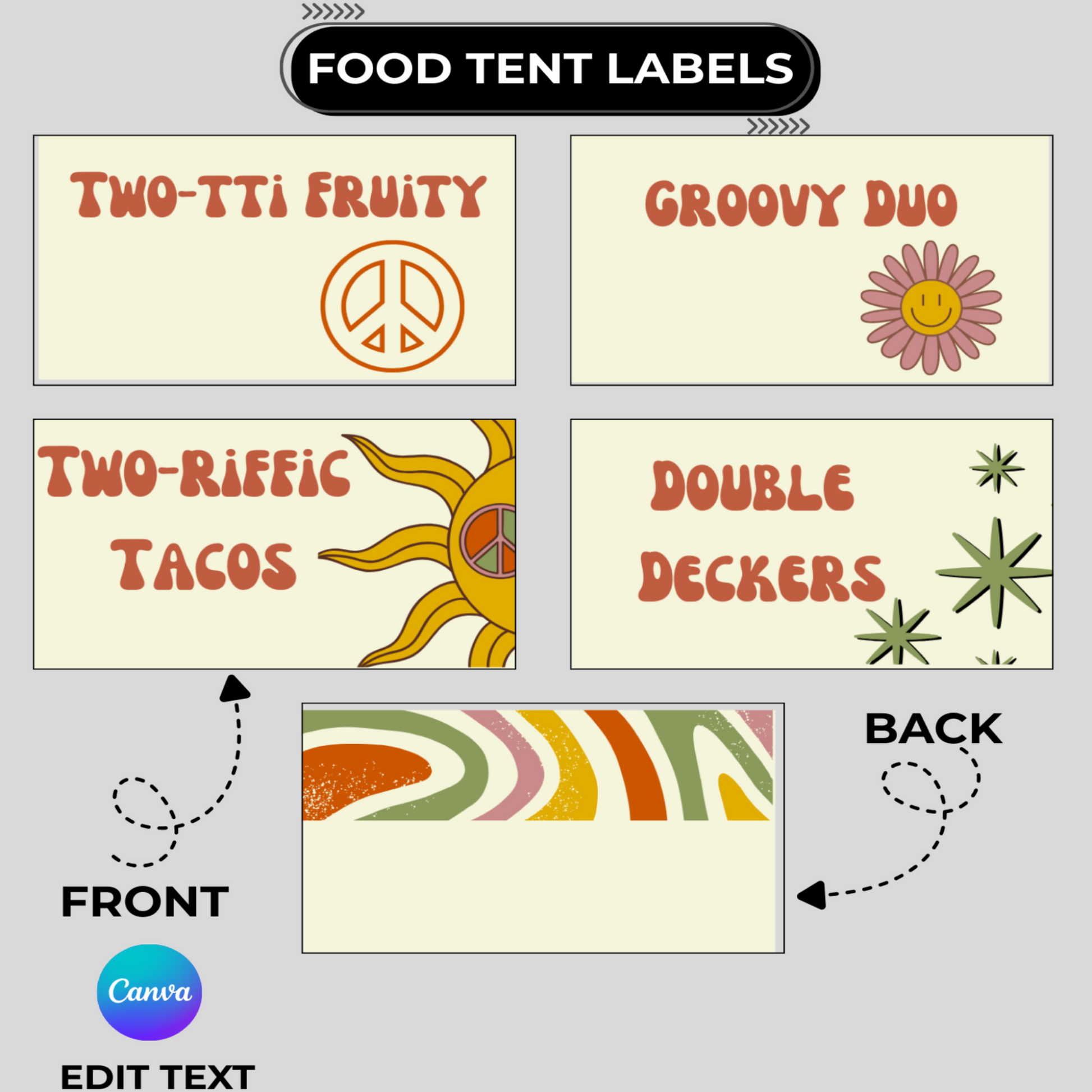 Set of food tent labels with retro designs and text on a gray background