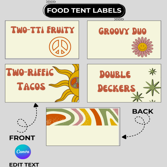 Set of food tent labels with retro designs and text on a gray background