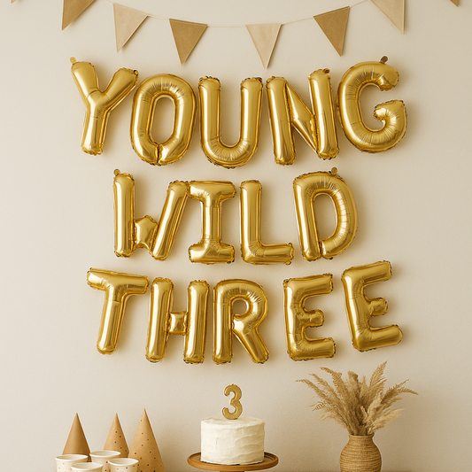 Young Wild and Three foil balloon banner with string and straw included
