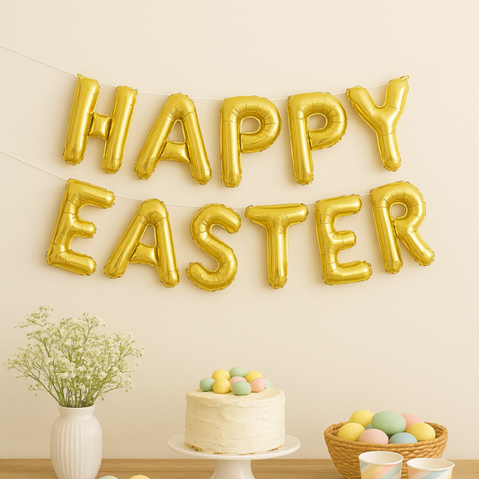 Happy Easter balloon letters styled for egg hunt or brunch
