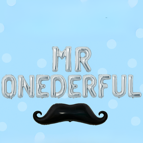 Mr. Onederful silver foil balloon banner with mustache balloon for 1st birthday.