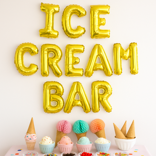 Foil balloons spelling Ice Cream Bar for birthday or summer party dessert table