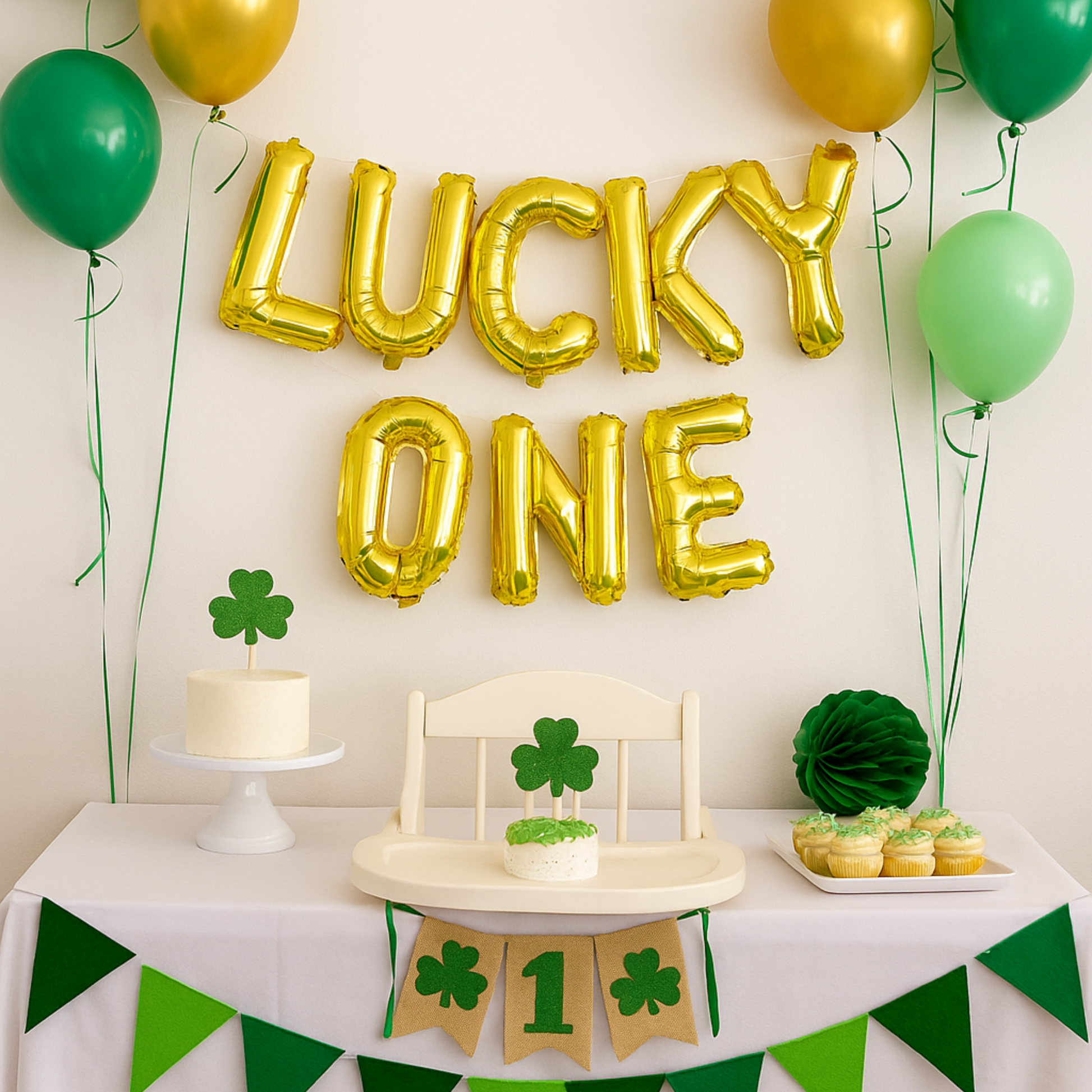 Lucky One foil balloon banner for St. Patrick’s Day first birthday party