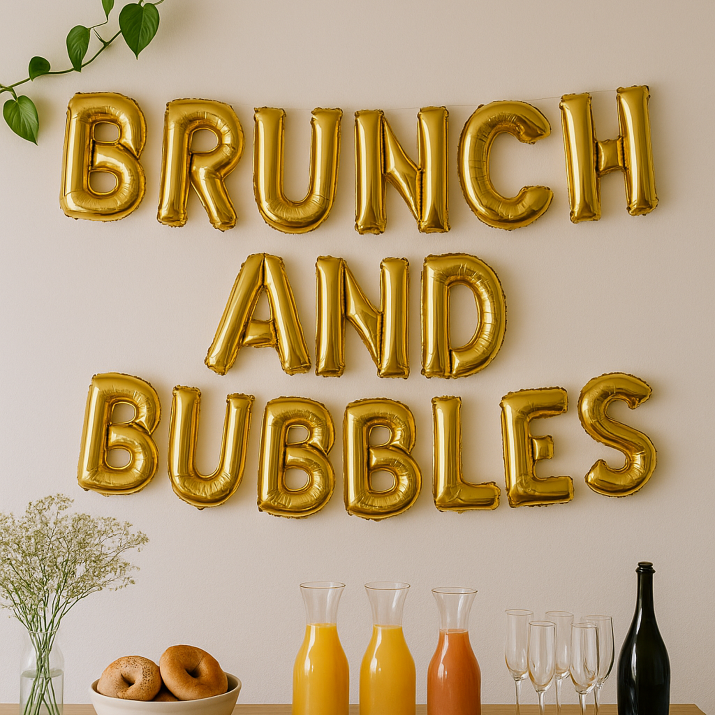 Gold balloon letters spelling 'Brunch and Bubbles' with drinks and snacks on a table.
