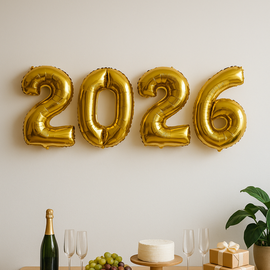 Gold '2026' balloons on a wall with a table setup including a cake, champagne, and grapes.