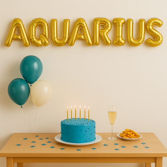 Table with a blue cake, balloons, and 'Aquarius' balloons against a beige wall.