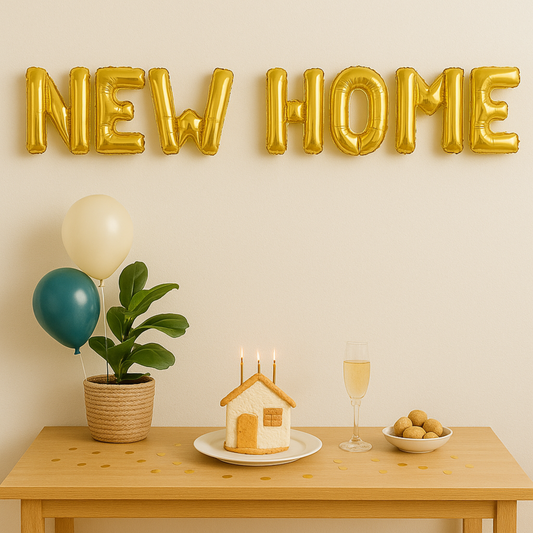 Decorative setup with 'NEW HOME' balloons, a small house cake, balloons, and a plant on a table.