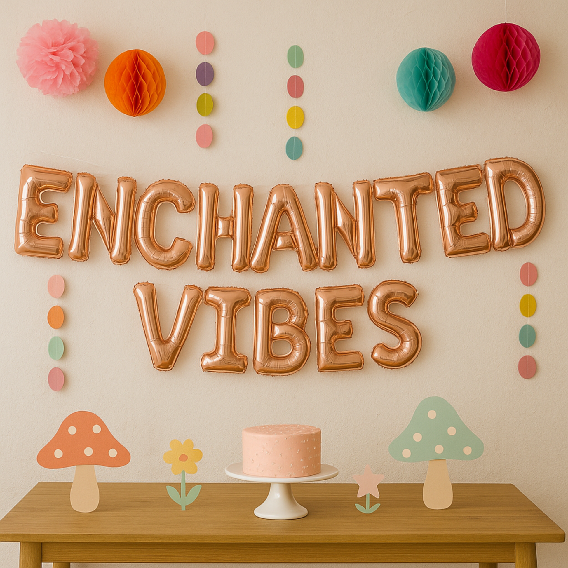 Decorative setup with 'Enchanted Vibes' balloons, colorful honeycomb decorations, and a small cake on a table.