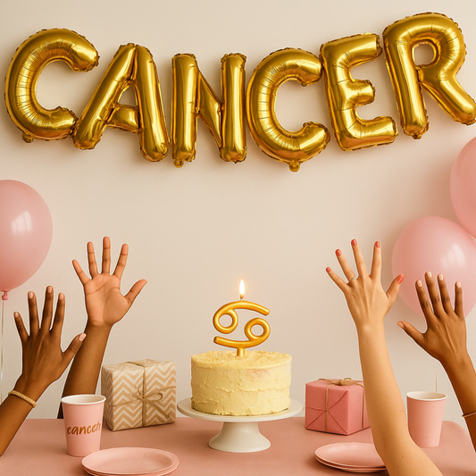 Cancer Birthday Banner in Gold Foil Balloon Letters.