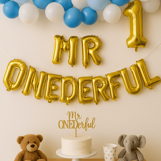 Mr Onederful 1st Birthday foil balloon letters banner for baby boy party