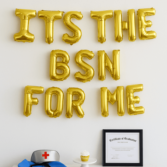 Gold foil letter balloons spelling BSN for nursing school graduation party