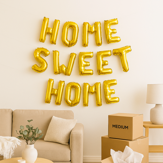 Foil letter balloons spelling Home Sweet Home for housewarming party or welcome home decor