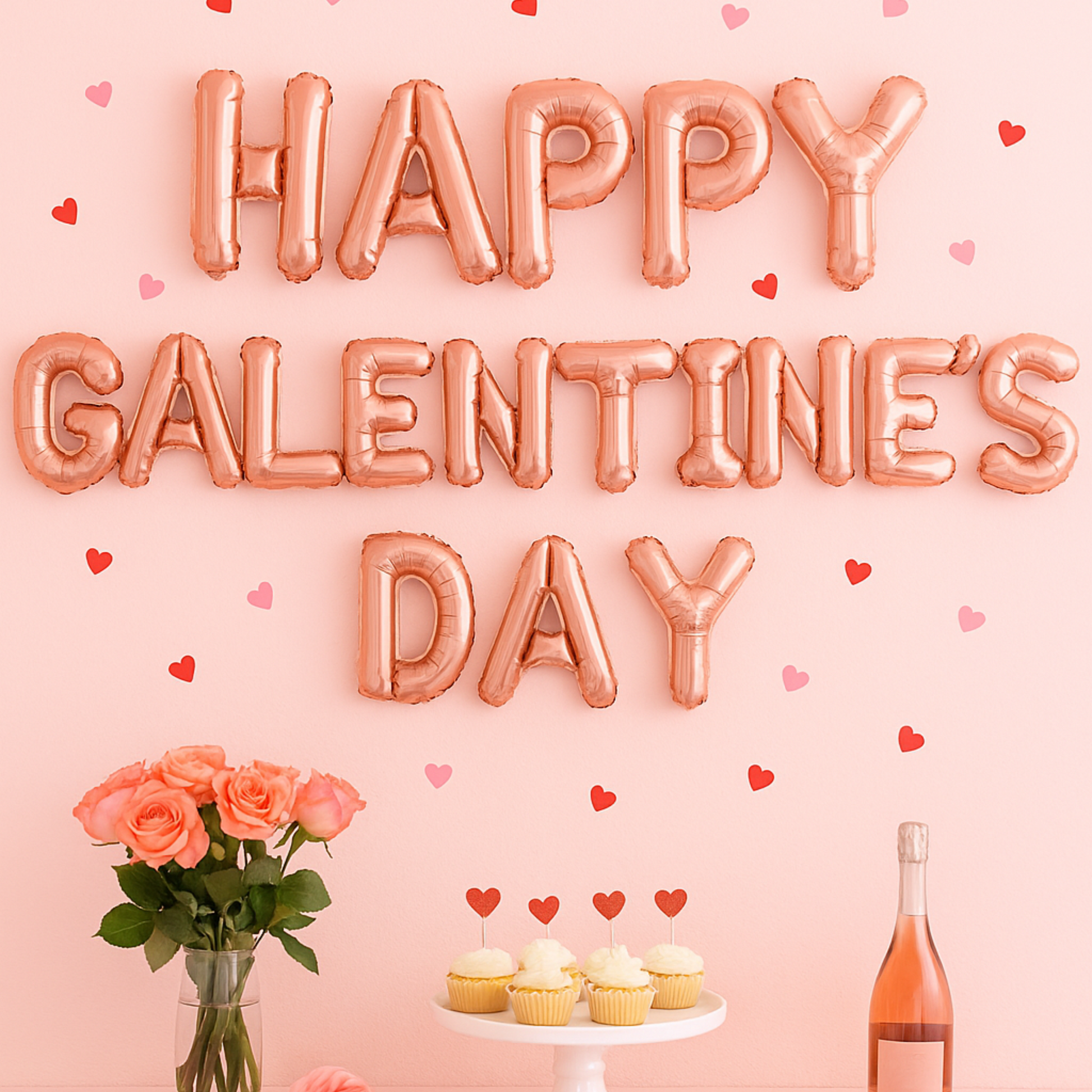 Foil letter balloons spelling Happy Galentine’s Day for girls night or brunch decor