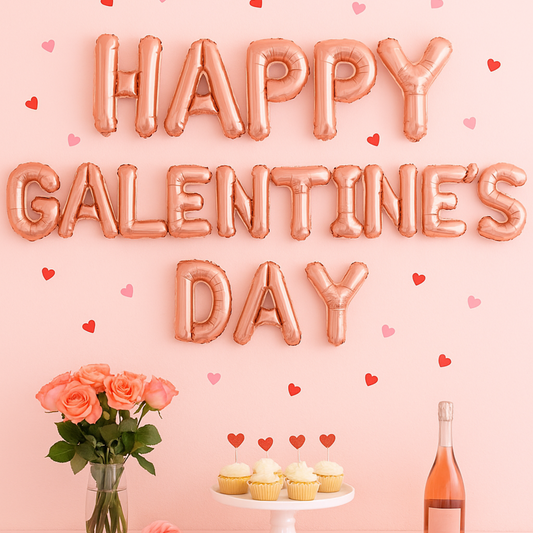 Foil letter balloons spelling Happy Galentine’s Day for girls night or brunch decor