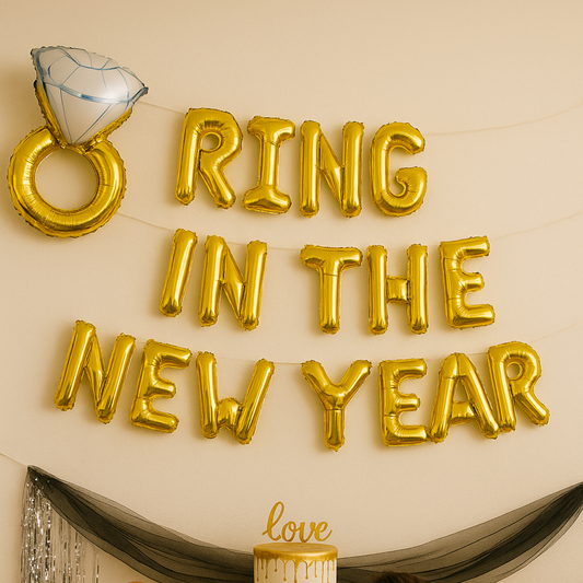 Ring in the New Year foil balloon banner for engagement parties