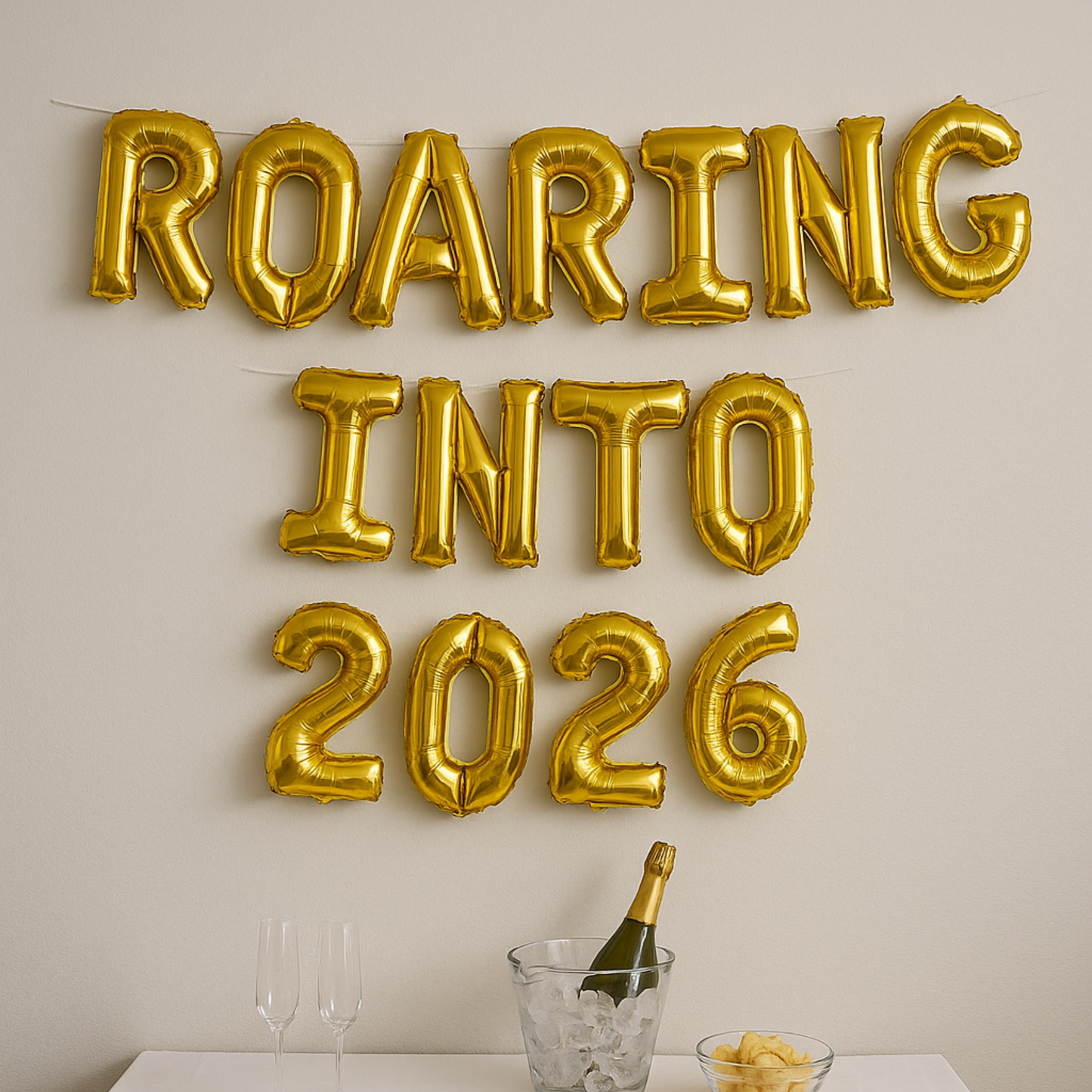 Roaring Into New Year foil letter balloon banner NYE party decor