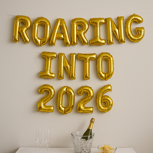 Roaring Into New Year foil letter balloon banner NYE party decor