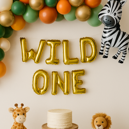 Wild One foil balloon banner jungle theme