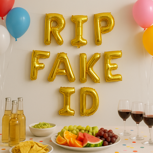 Gold RIP FAKE ID letter balloons for 21st birthday decoration