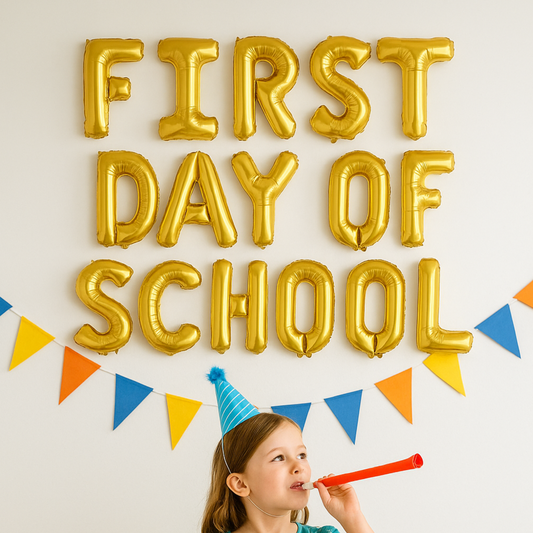 First Day of School balloon letters banner hanging on wall