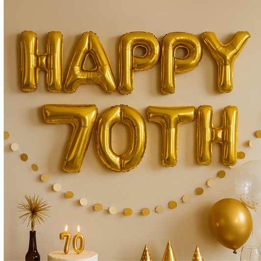 70th birthday party banner hanging over dessert table