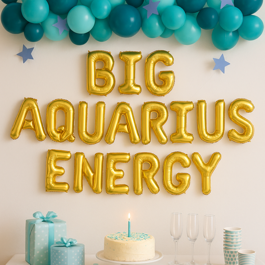 Aquarius birthday balloon banner hanging on wall