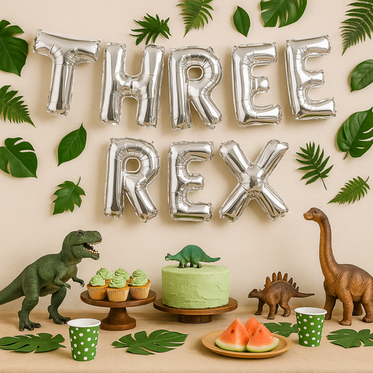 Three Rex balloon banner with silver foil letters for dinosaur birthday