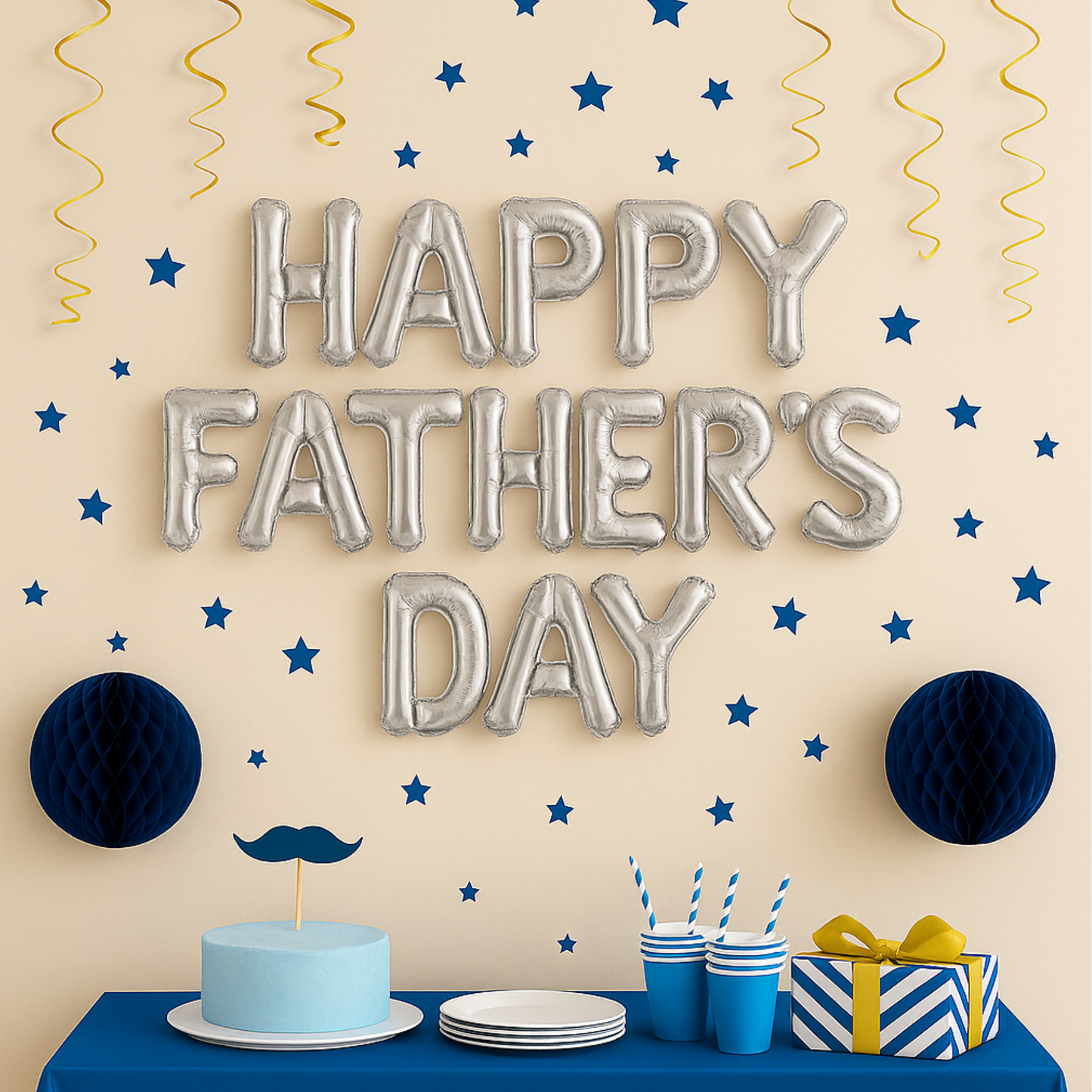 Silver 'Happy Father's Day' foil balloons arranged on a wall for party decor.