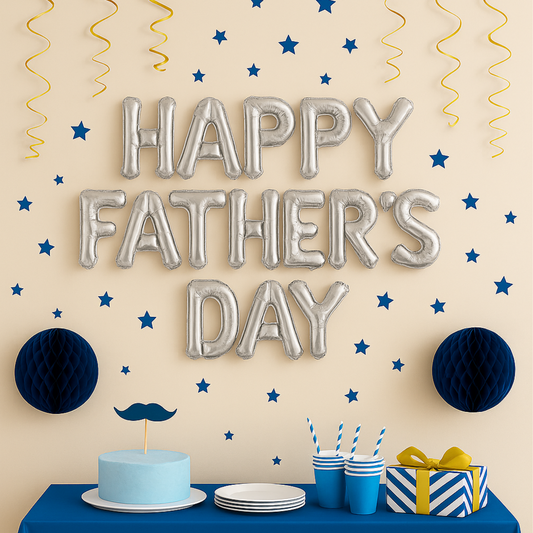 Silver 'Happy Father's Day' foil balloons arranged on a wall for party decor.