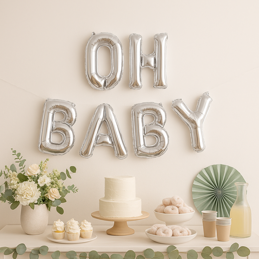 Oh Baby foil balloon banner for baby shower backdrop
