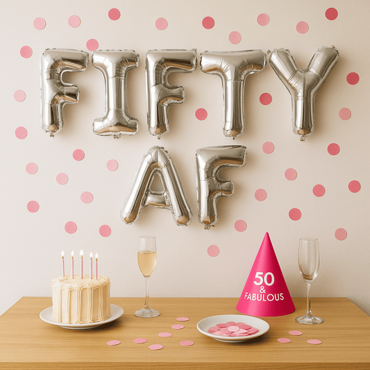 Fifty AF foil balloon banner for 50th birthday party