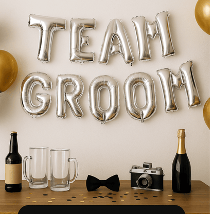 Team Groom foil balloon banner for bachelor party backdrop