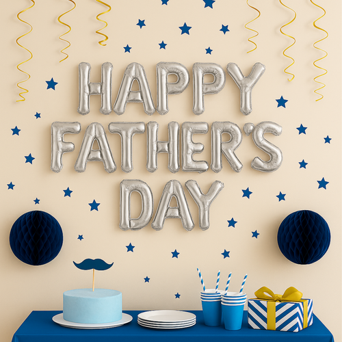 Silver 'Happy Father's Day' foil balloons arranged on a wall for party decor.
