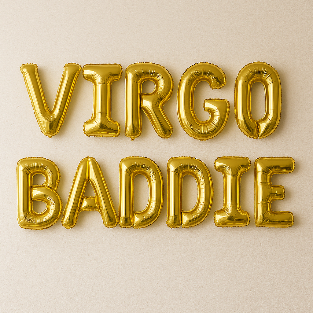 Gold balloon letters spelling 'VIRGO BADDIE' on a beige background