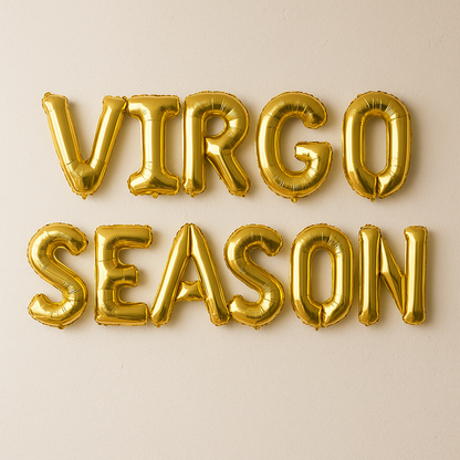 Gold foil balloons spelling 'VIRGO SEASON' on a beige background