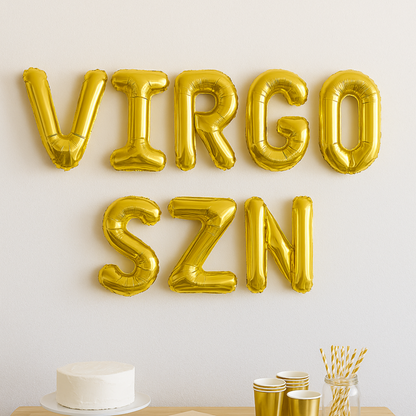Gold balloon letters spelling 'VIRGO SZN' on a light background