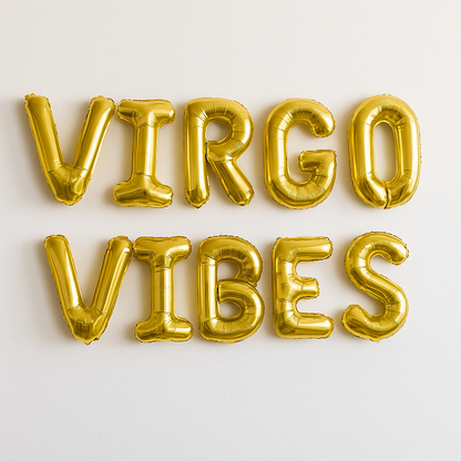 Gold foil balloons spelling 'VIRGO VIBES' on a light background