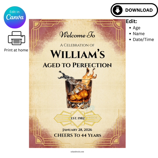 Birthday invitation card for a celebration of 'William's Aged to Perfection' with a glass of whiskey.