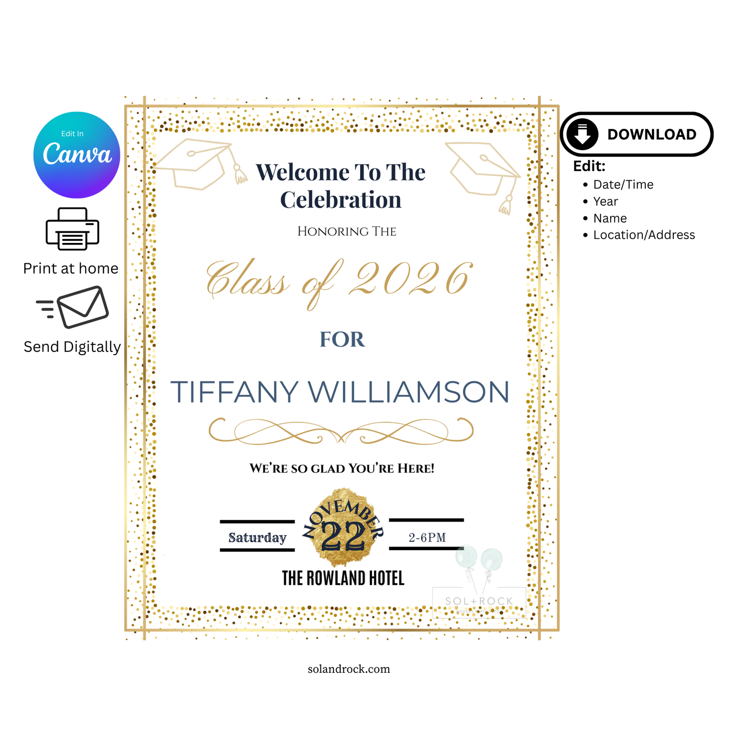 2026 Graduation Welcome Sign Template - 8x10 Navy and Gold Graduation Party Poster - Class of 2026 Entrance Decor - Editable Canva Template
